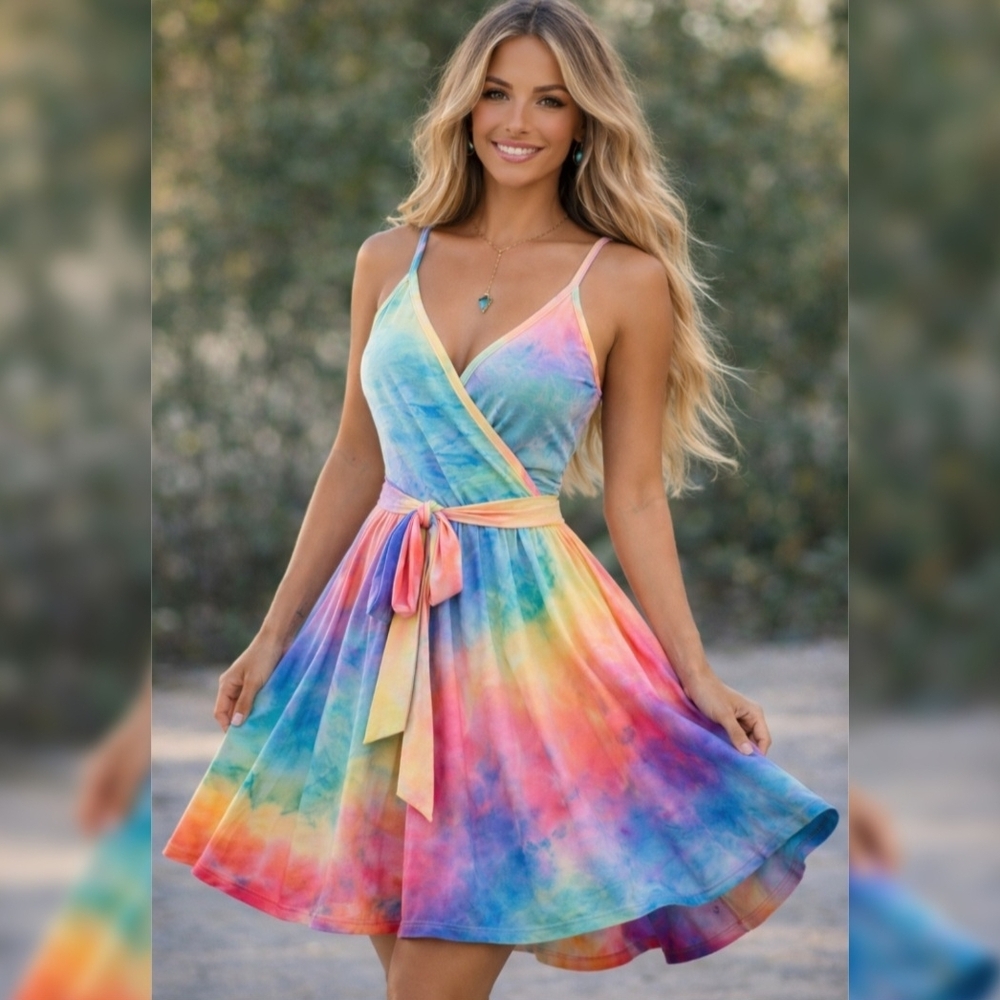 Vibrant Rainbow Wrap Mini Dress
